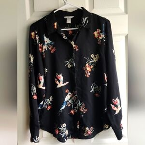 Floral Bird Print Black Blouse Women's Size 6